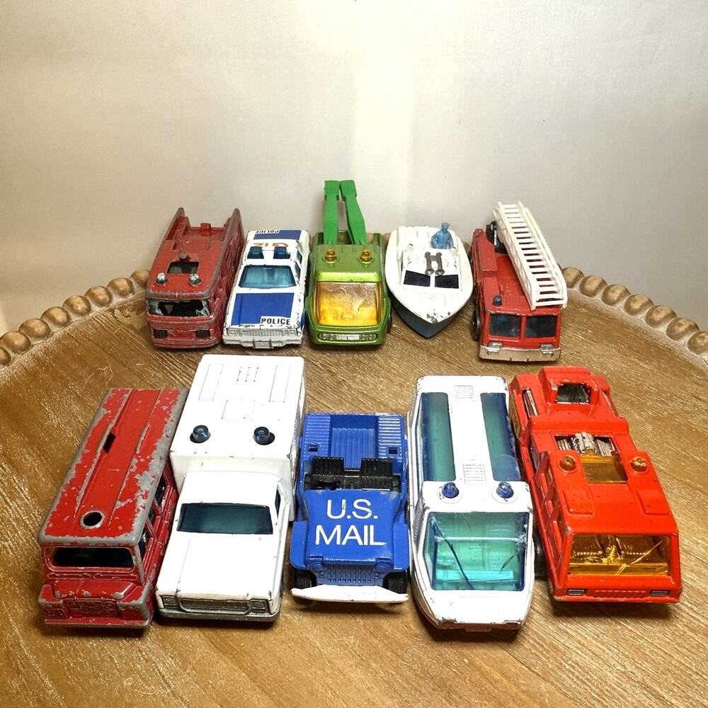 Vintage Die-Cast Lot of 10 Emergency & Utility Matchbox Vehicles - Police, Fire